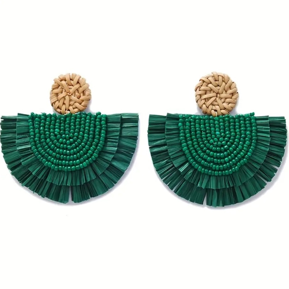Emerald Beaded Raffia Statement Earrings - Picture 2 of 5